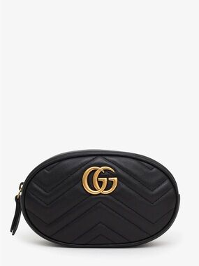 Gucci Black Chevron GG Marmont Oval Belt Bag with Gold Hardware